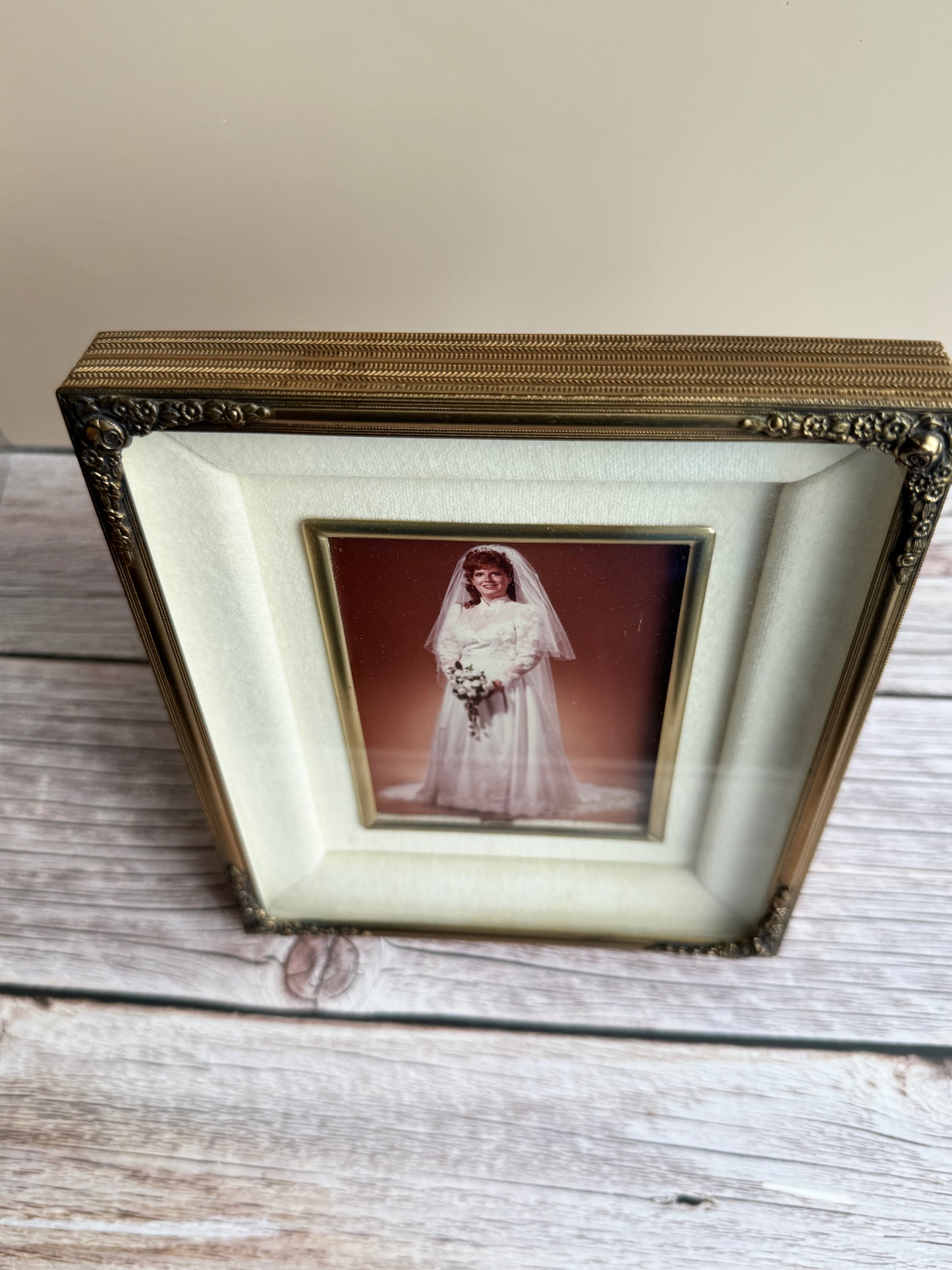 Vintage Bridal Portrait Frame with Velvet Mat & Gold Roses | Shadow-Box Depth