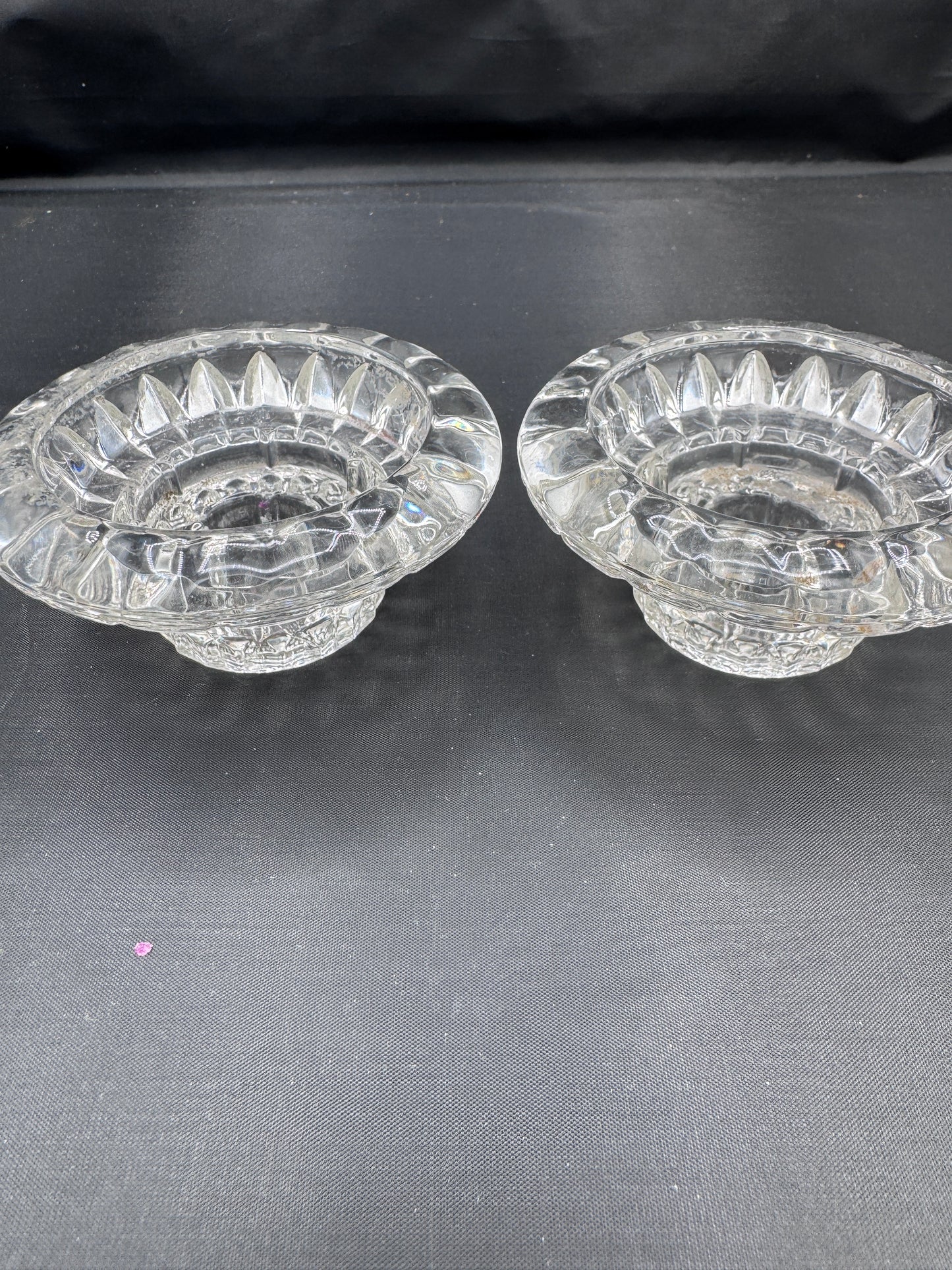 Vintage IG Malaysia Clear Pressed Glass Candle Holders – Pair, Starburst Rim