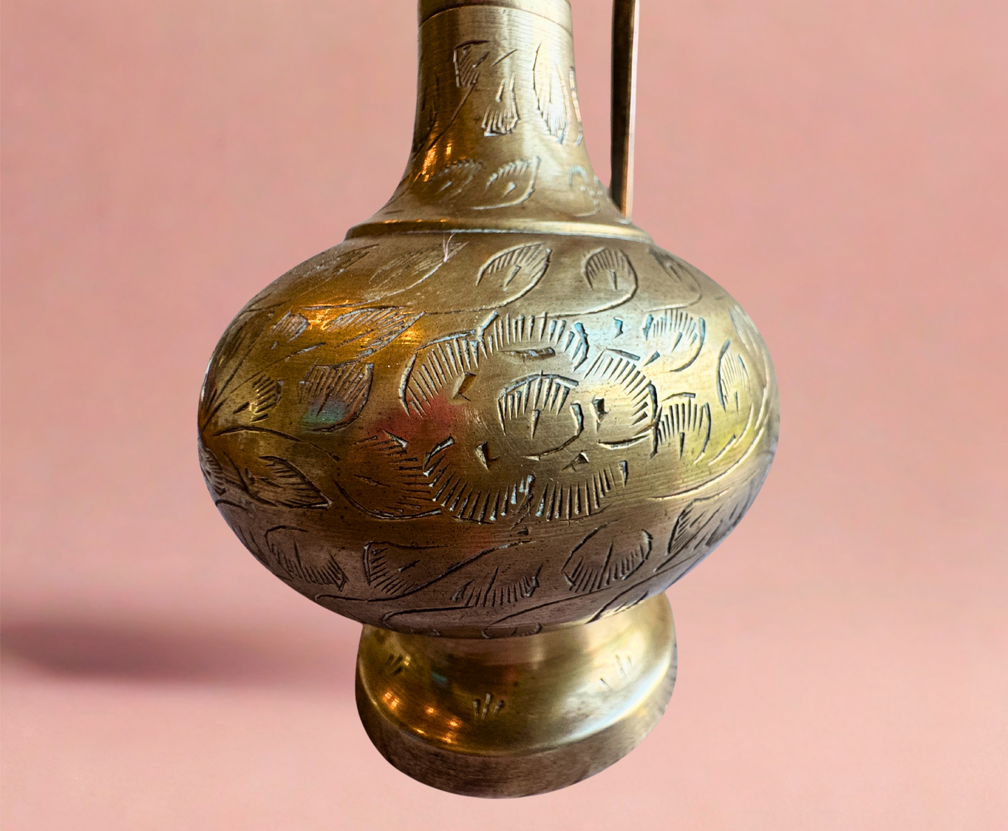 Hand-Engraved Brass Ewer Pitcher – Ornate Floral Detailing, 10.25” Tall