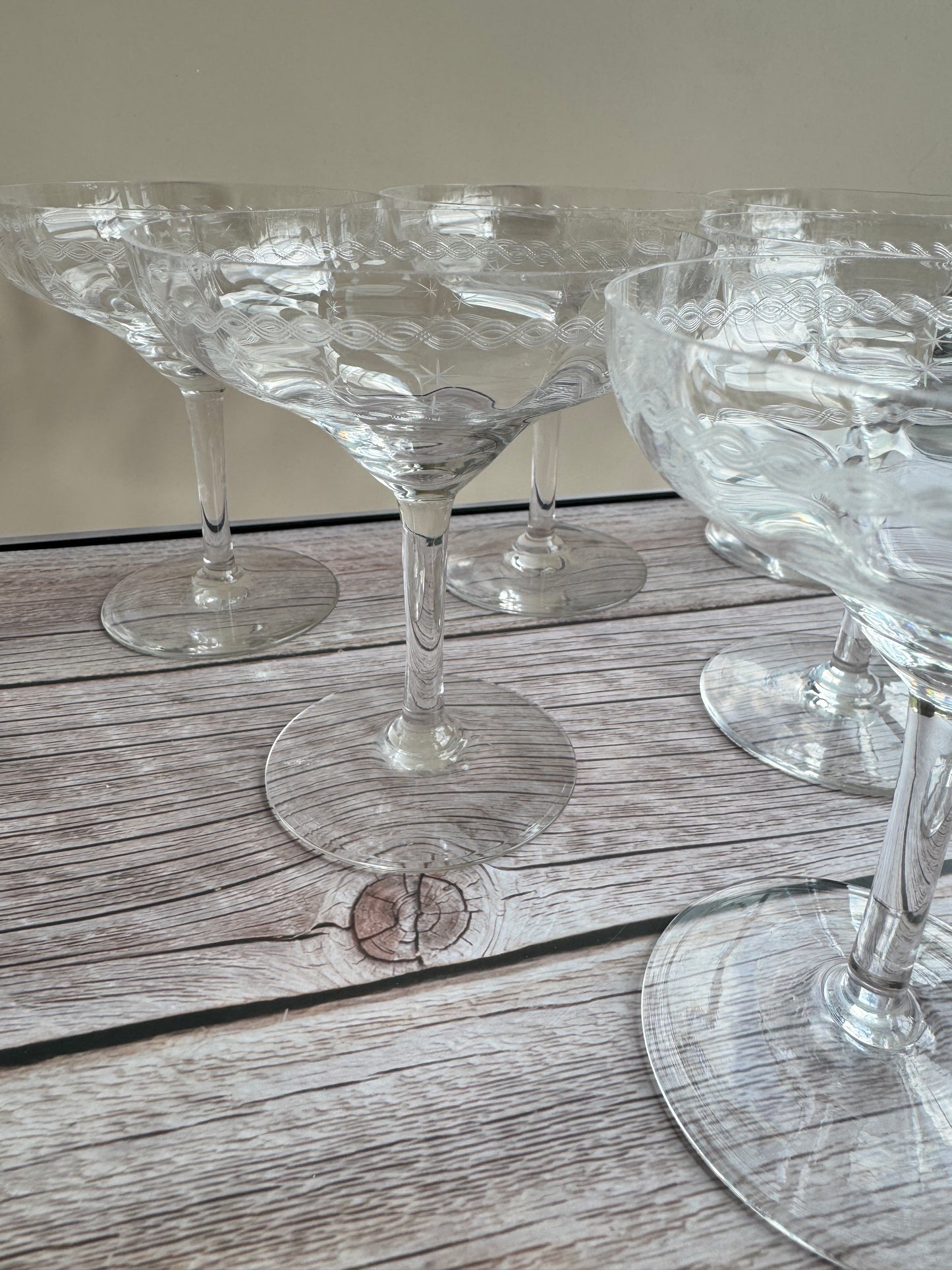 Set of 6 Vintage Etched Starburst Coupe Glasses | Mid-Century Cocktail or Champagne Saucers