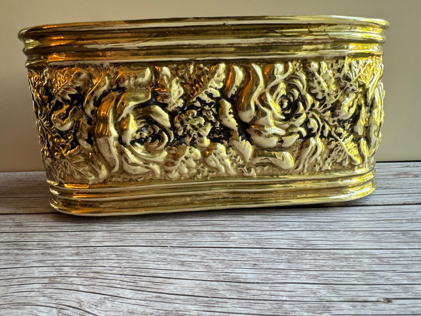 Vintage Embossed Brass Planter & Coaster Set – Made in England, Floral Detail, Patina