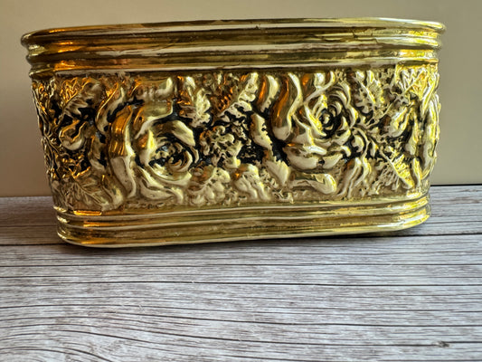 Vintage Embossed Brass Planter & Coaster Set – Made in England, Floral Detail, Patina