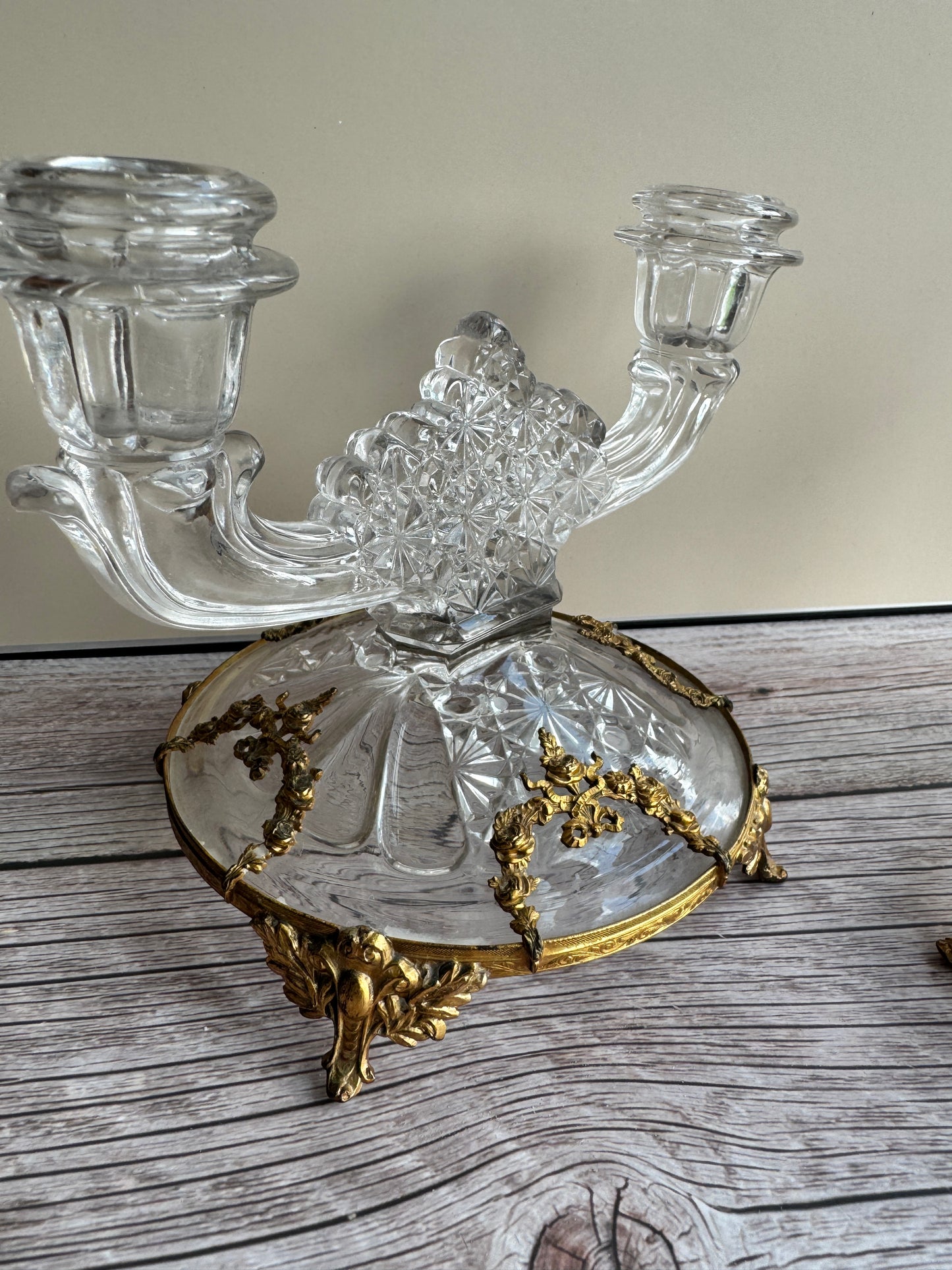 Vintage Cut Glass Bowl & Candlestick Set with Ornate Gilt Filigree Bases