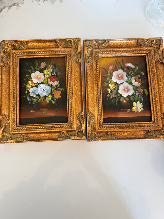 Pair of Vintage-Style Floral Miniature Paintings (Set of 2)
