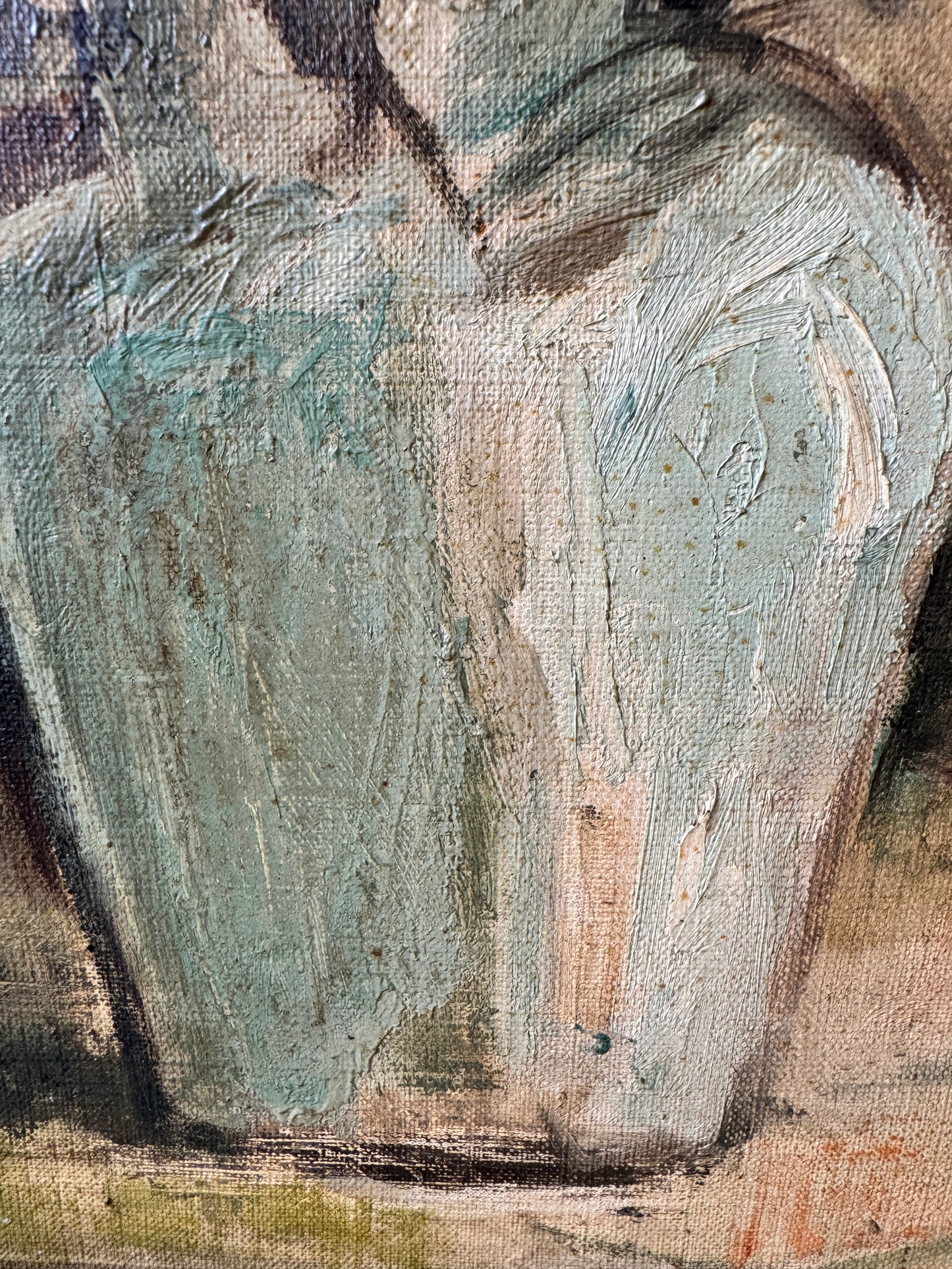 Floral Still Life by T. Okabe (c. 1930) – Oil on Canvas in Celadon Palette