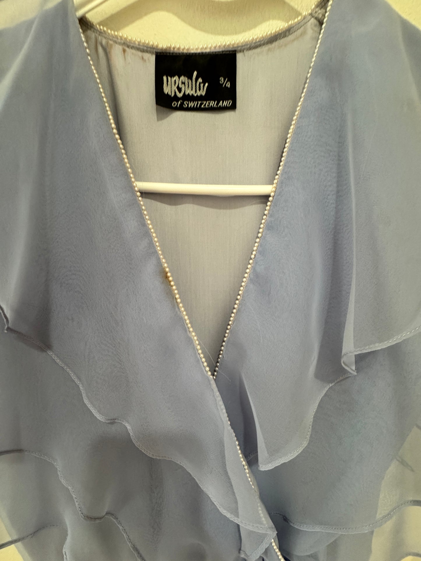 Ursula of Switzerland Pearl-Trimmed Chiffon Dress – Dusty Blue, Flutter Sleeve, Size 3/4