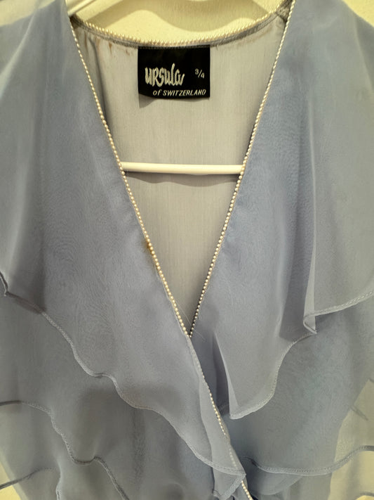 Ursula of Switzerland Pearl-Trimmed Chiffon Dress – Dusty Blue, Flutter Sleeve, Size 3/4