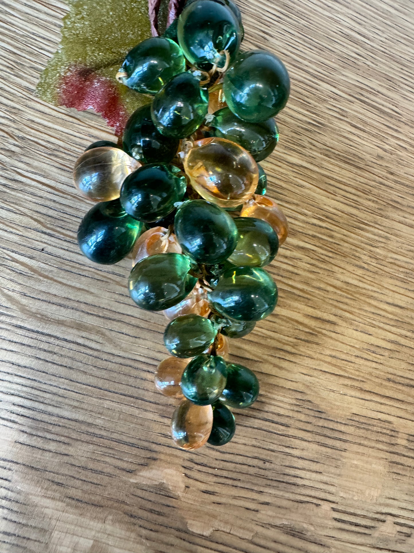 Vintage Glass Grape Clusters – Green & Amber Beads with Velvet Leaves, 8” Tall