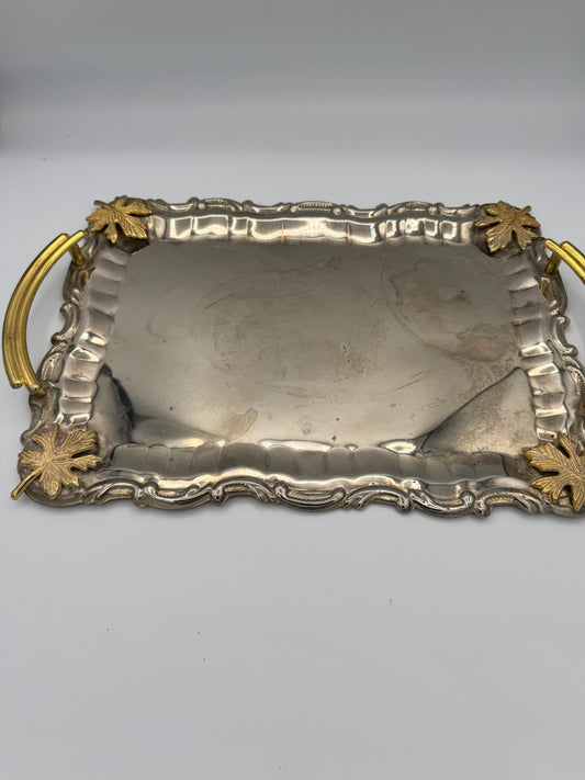 Vintage Ornate Serving Tray with Gold Leaf Handles – Made in Spain