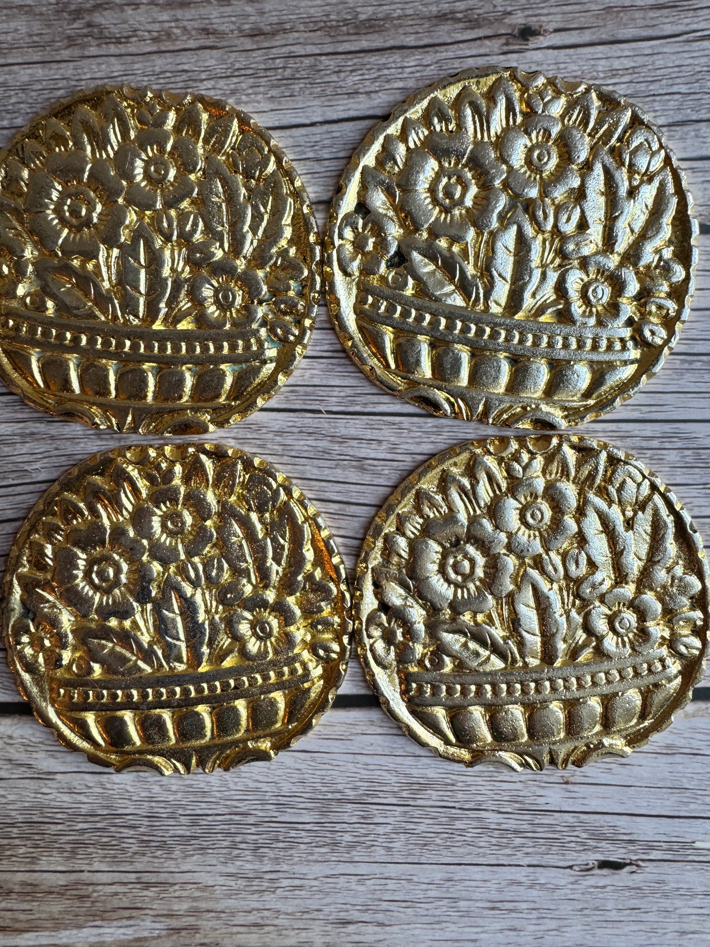 Vintage Embossed Brass Planter & Coaster Set – Made in England, Floral Detail, Patina