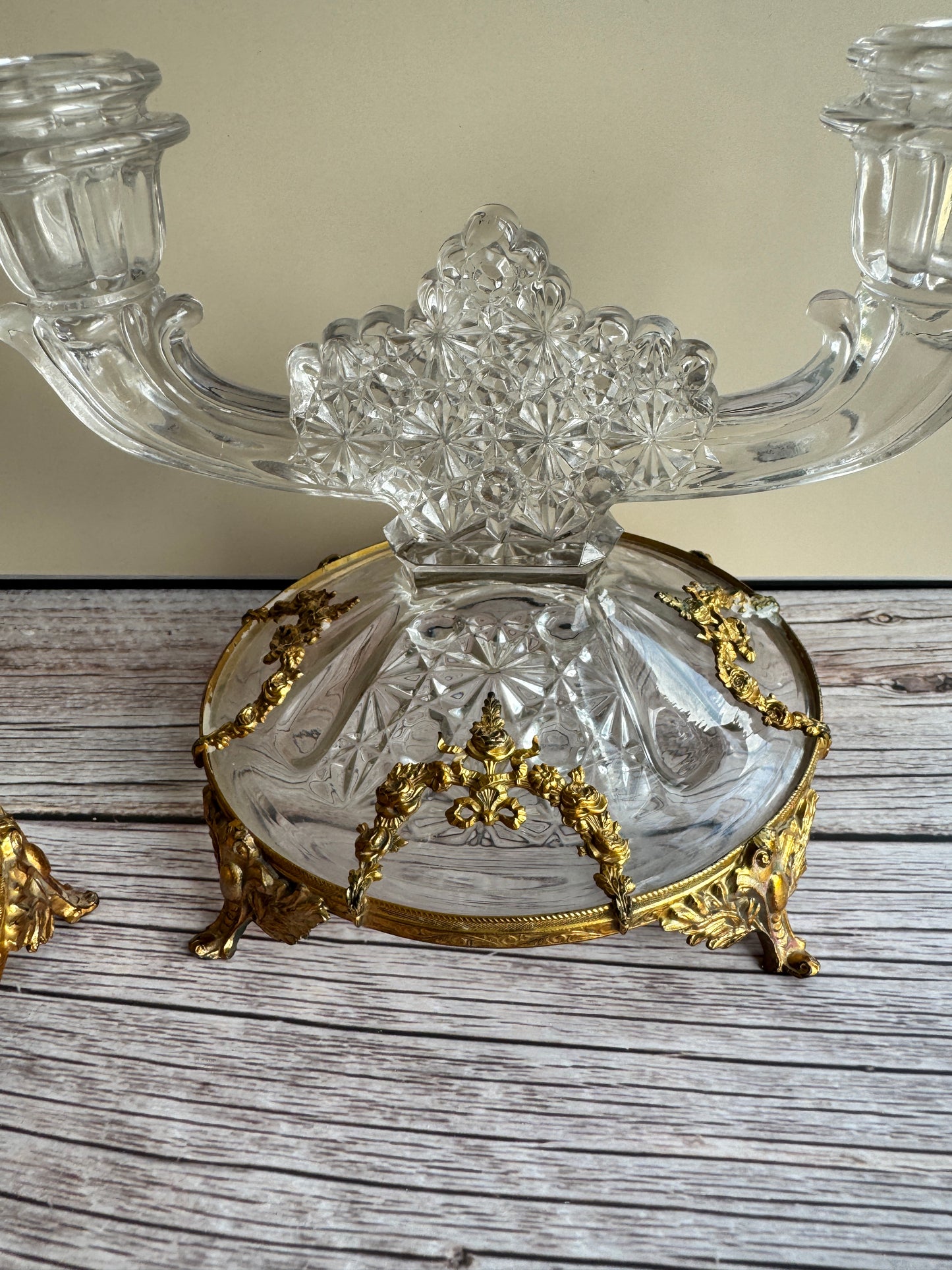 Vintage Cut Glass Bowl & Candlestick Set with Ornate Gilt Filigree Bases