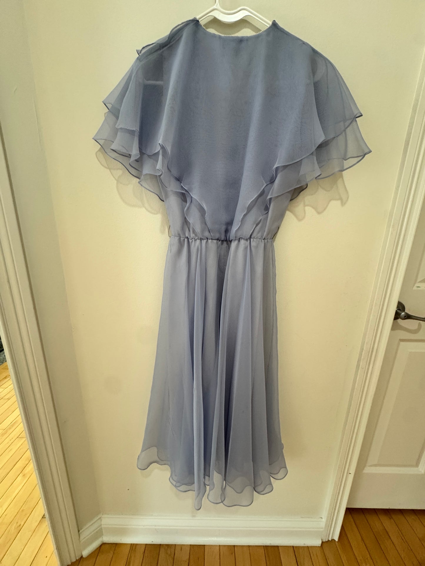 Ursula of Switzerland Pearl-Trimmed Chiffon Dress – Dusty Blue, Flutter Sleeve, Size 3/4