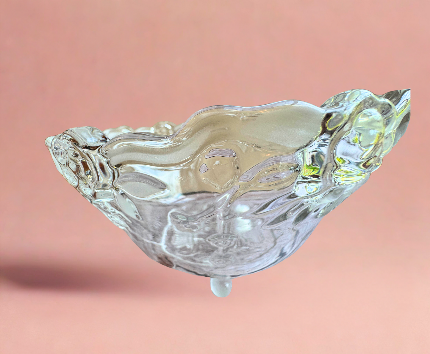 Footed Clear Glass Candy Dish – Scalloped Rim with Bow & Floral Relief