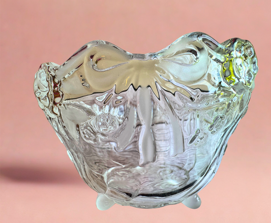 Footed Clear Glass Candy Dish – Scalloped Rim with Bow & Floral Relief