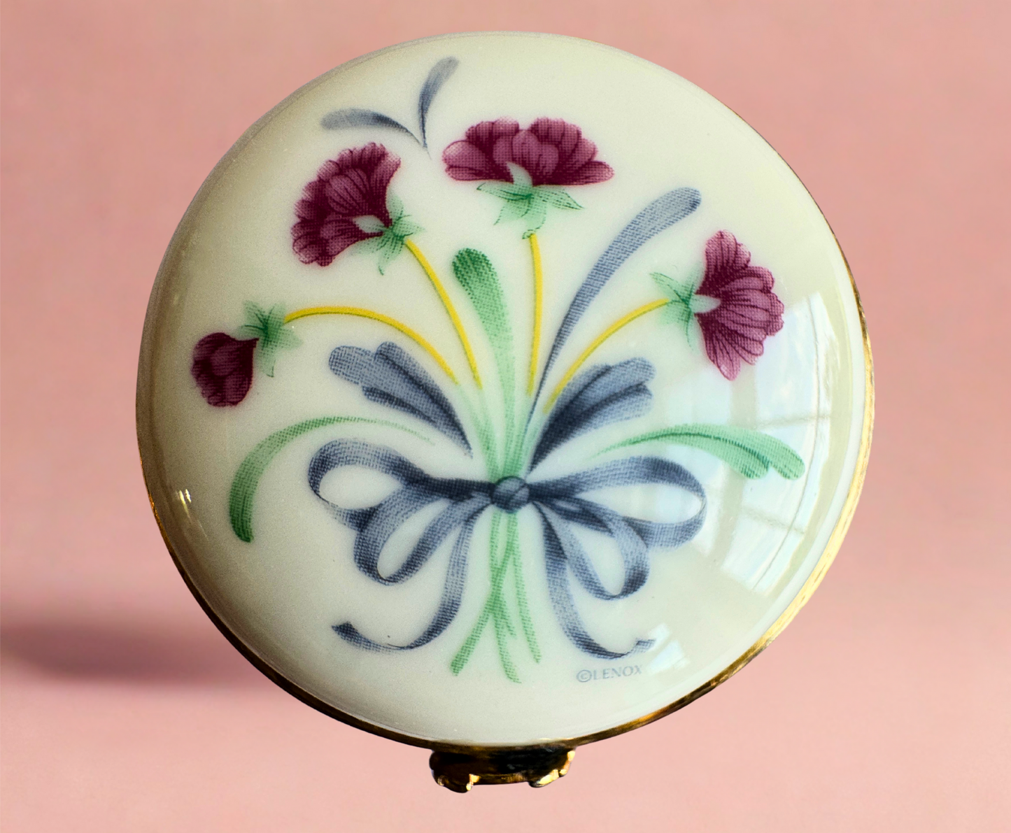 Vintage Lenox Porcelain Trinket Box – Floral Ribbon Design with Gilded Brass Frame
