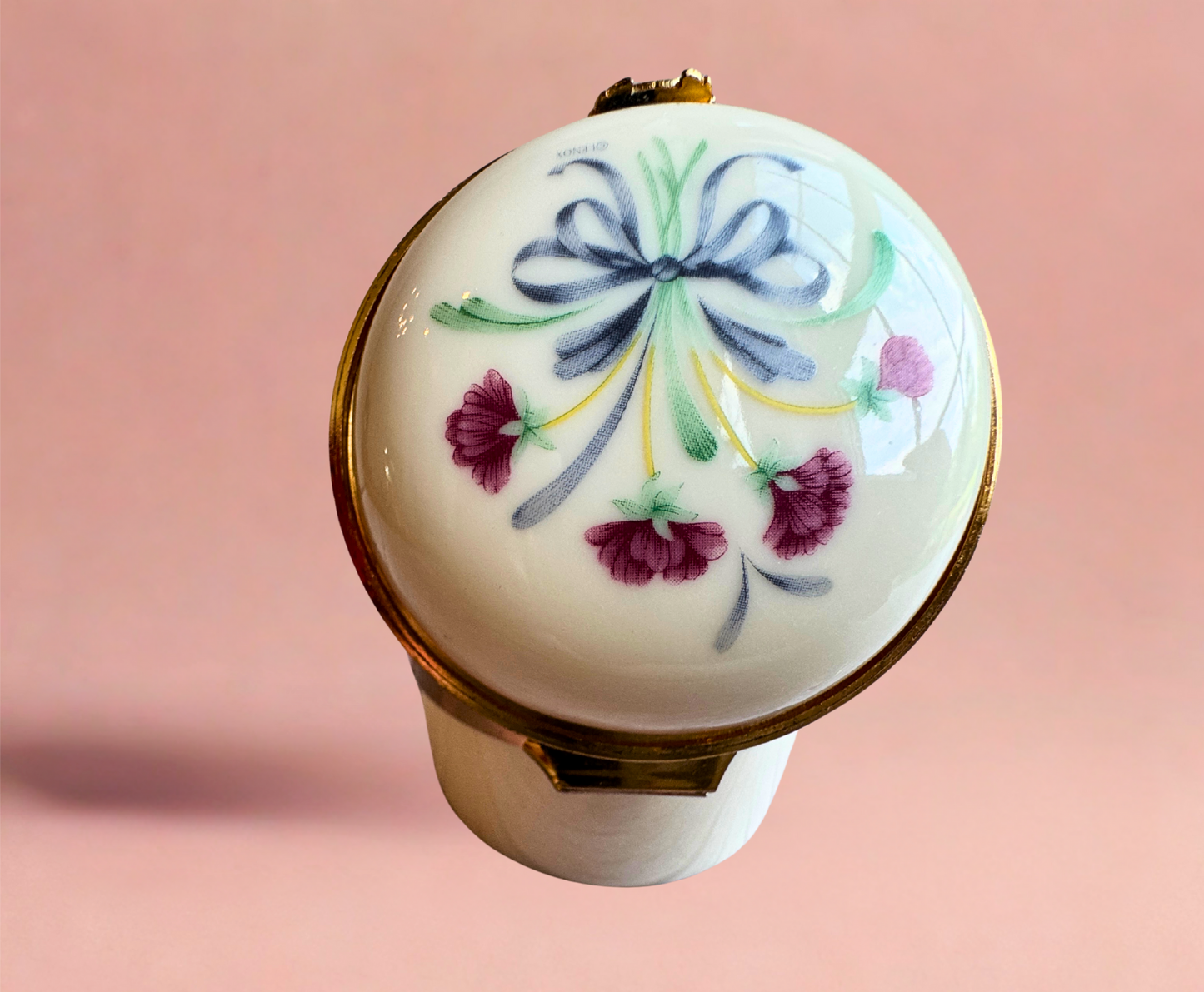 Vintage Lenox Porcelain Trinket Box – Floral Ribbon Design with Gilded Brass Frame