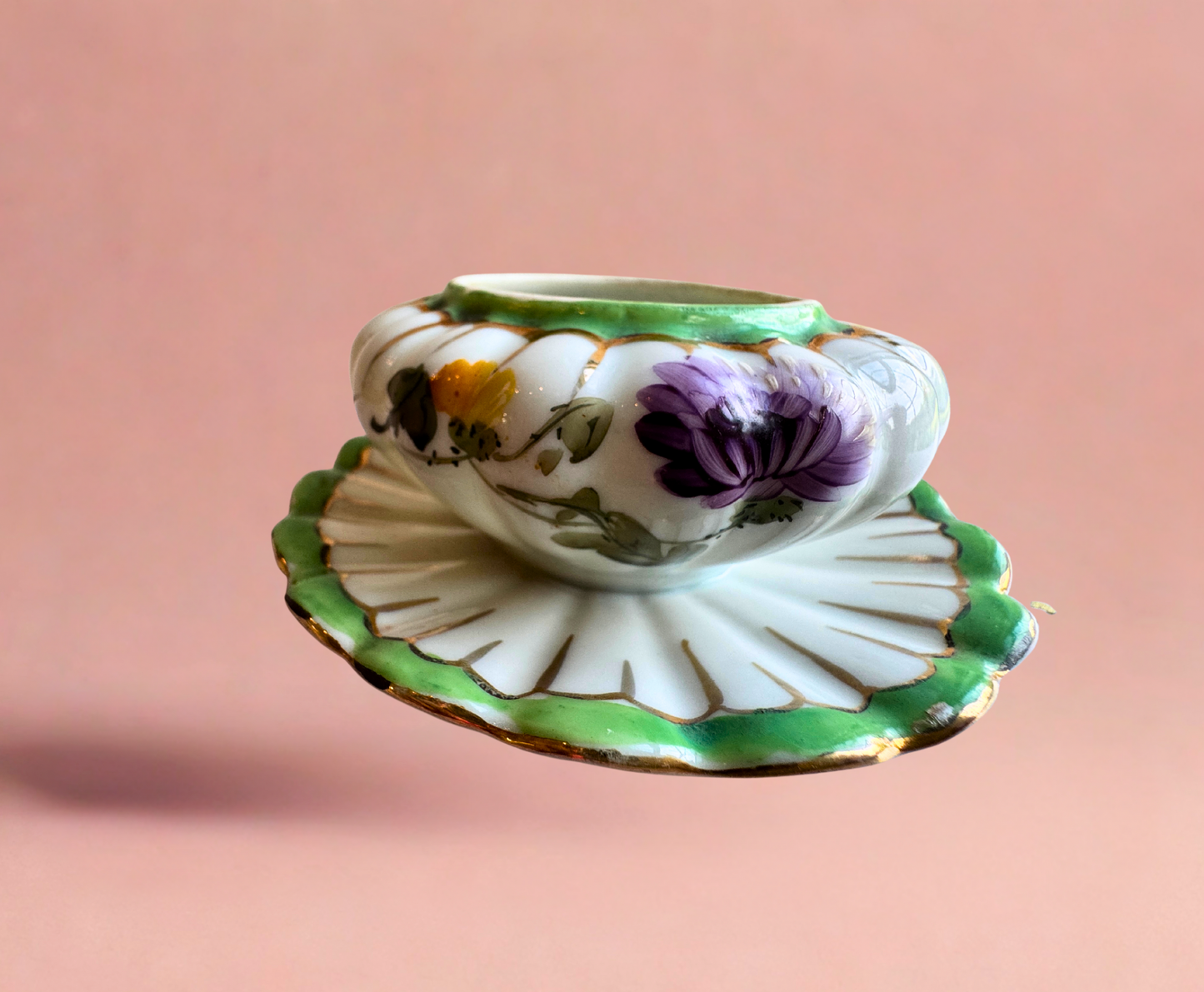 Vintage Hand-Painted Porcelain Finger Bowl with Attached Underplate – Floral Vanity Dish