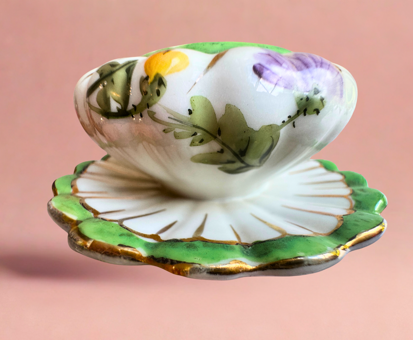 Vintage Hand-Painted Porcelain Finger Bowl with Attached Underplate – Floral Vanity Dish