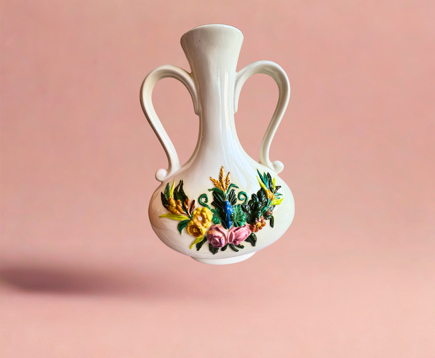 Vintage Atlantic Mold Double-Handled Floral Vase – Raised Glazed Flowers – 11” Ceramic