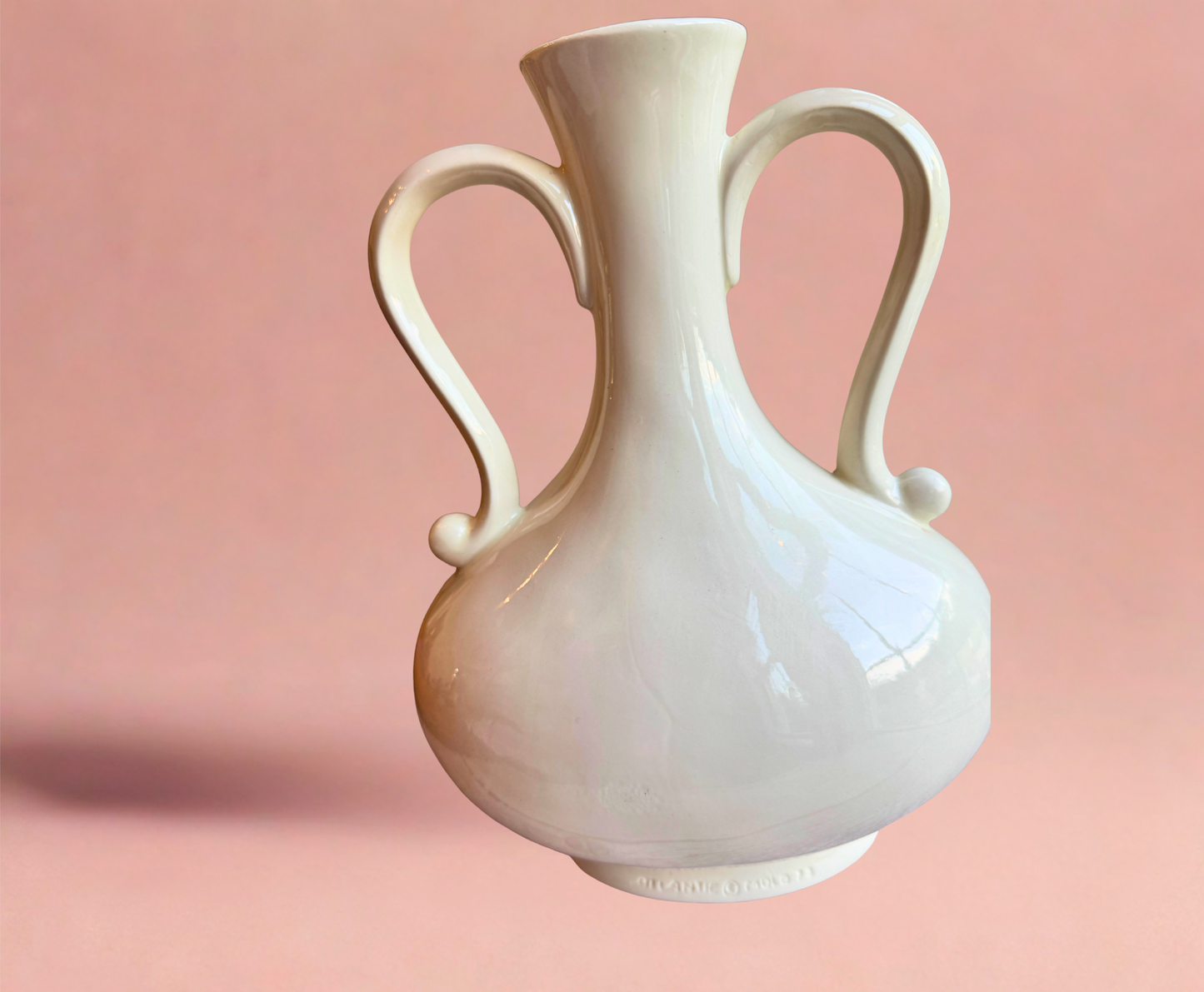 Vintage Atlantic Mold Double-Handled Floral Vase – Raised Glazed Flowers – 11” Ceramic
