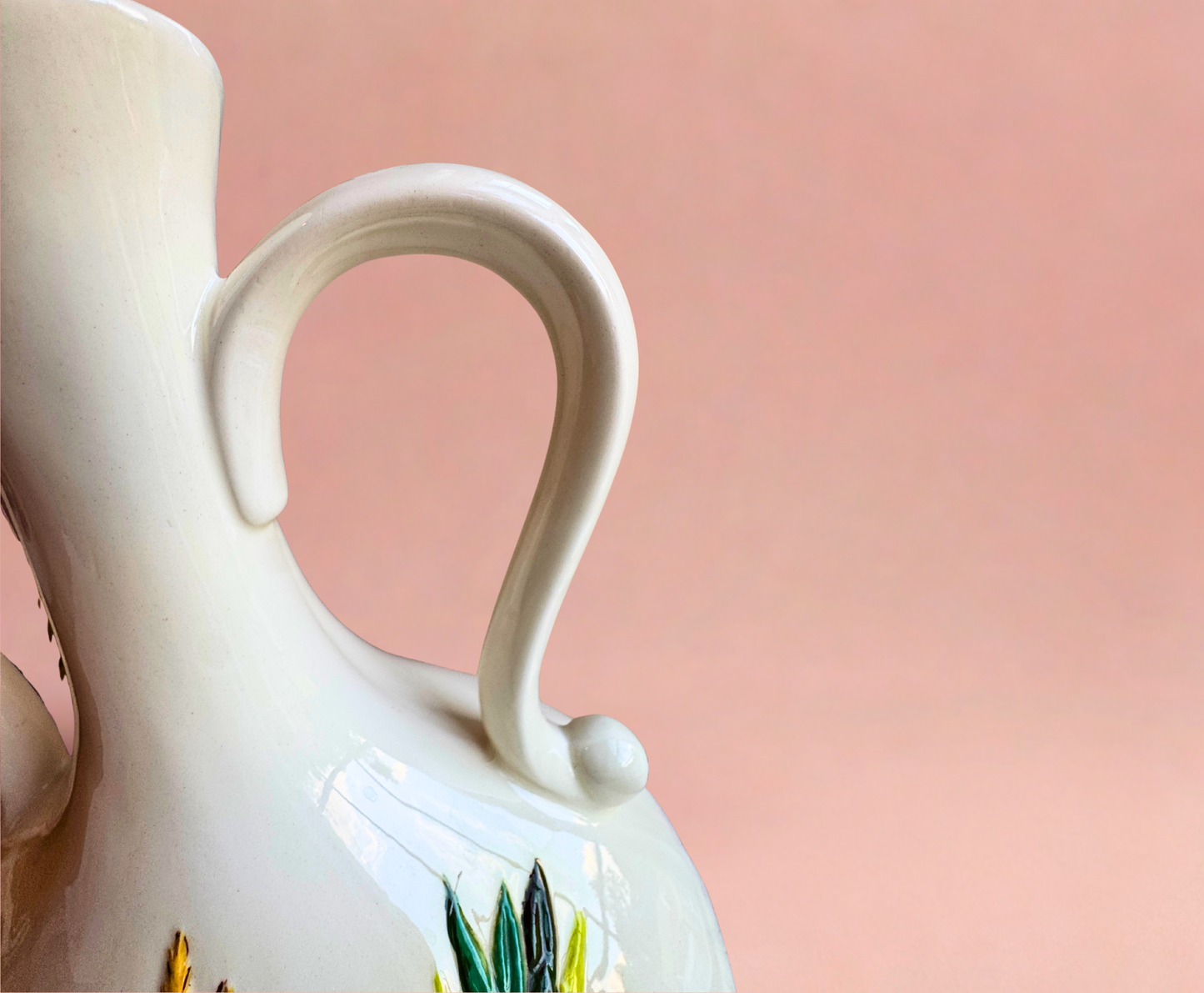 Vintage Atlantic Mold Double-Handled Floral Vase – Raised Glazed Flowers – 11” Ceramic