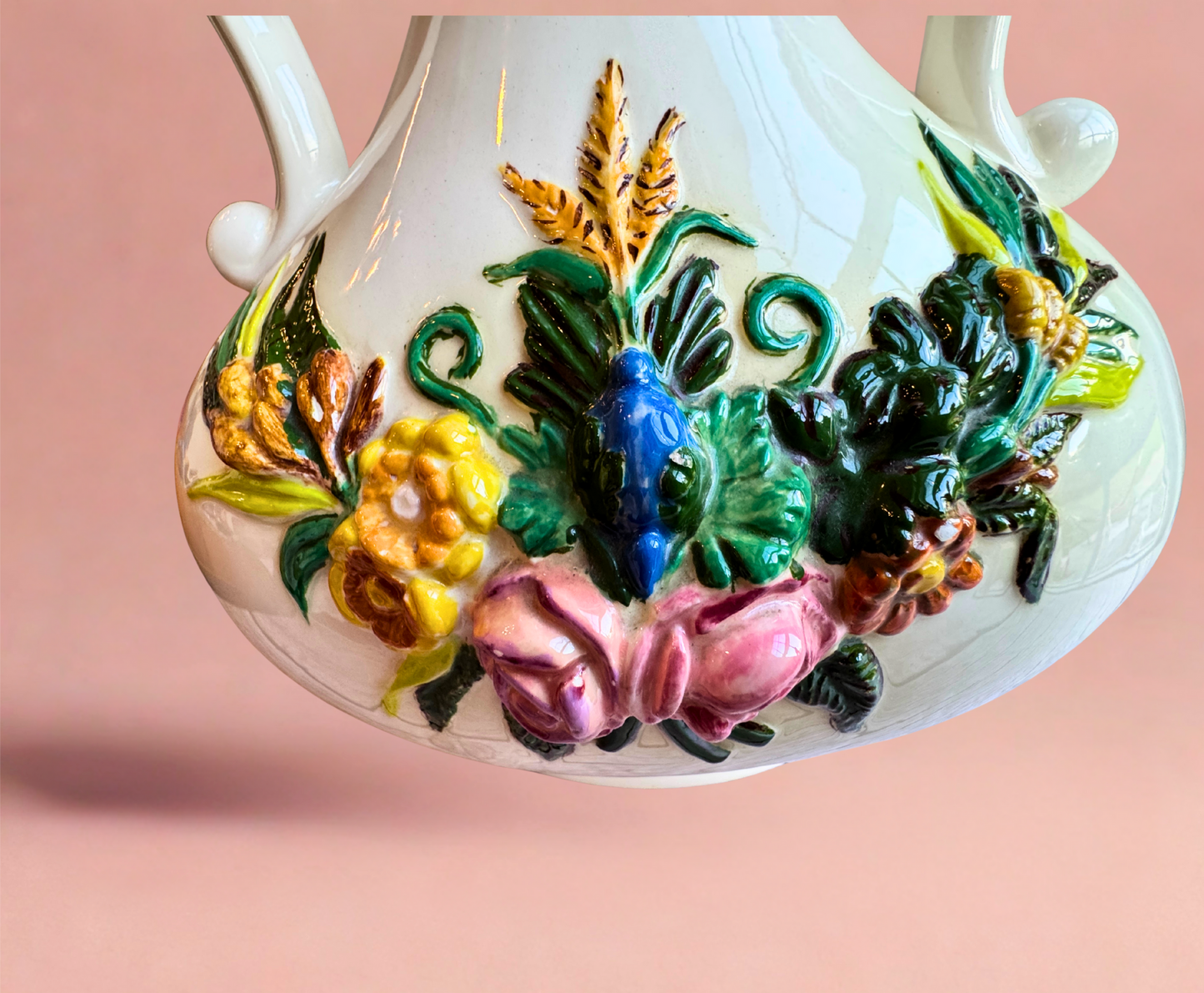 Vintage Atlantic Mold Double-Handled Floral Vase – Raised Glazed Flowers – 11” Ceramic