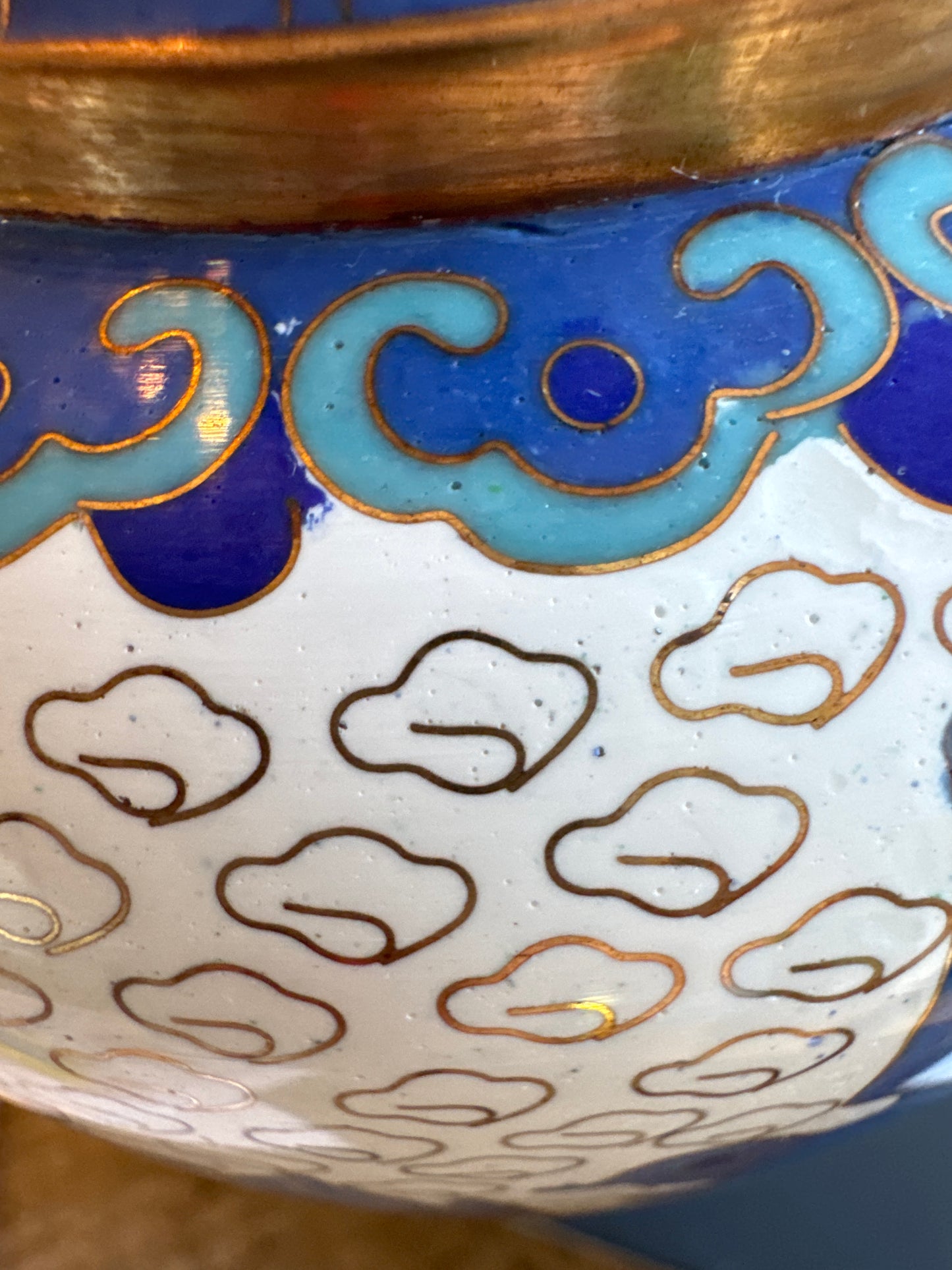Vintage Blue & White Cloisonne Vase – 10.25” Floral Enamel with Brass Accents