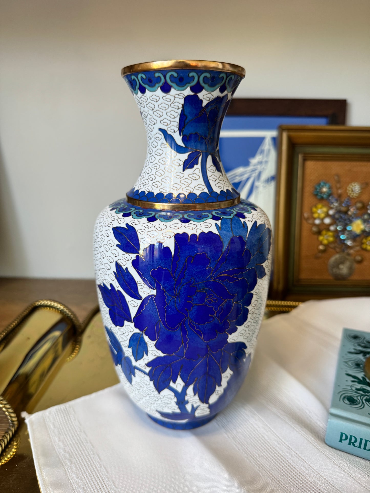 Vintage Blue & White Cloisonne Vase – 10.25” Floral Enamel with Brass Accents