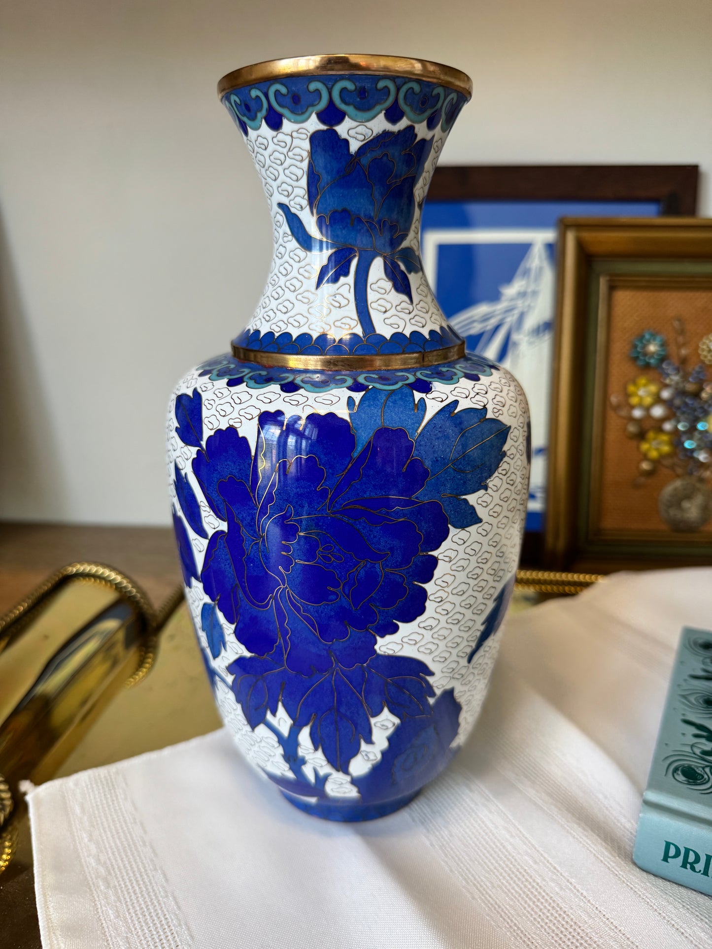 Vintage Blue & White Cloisonne Vase – 10.25” Floral Enamel with Brass Accents
