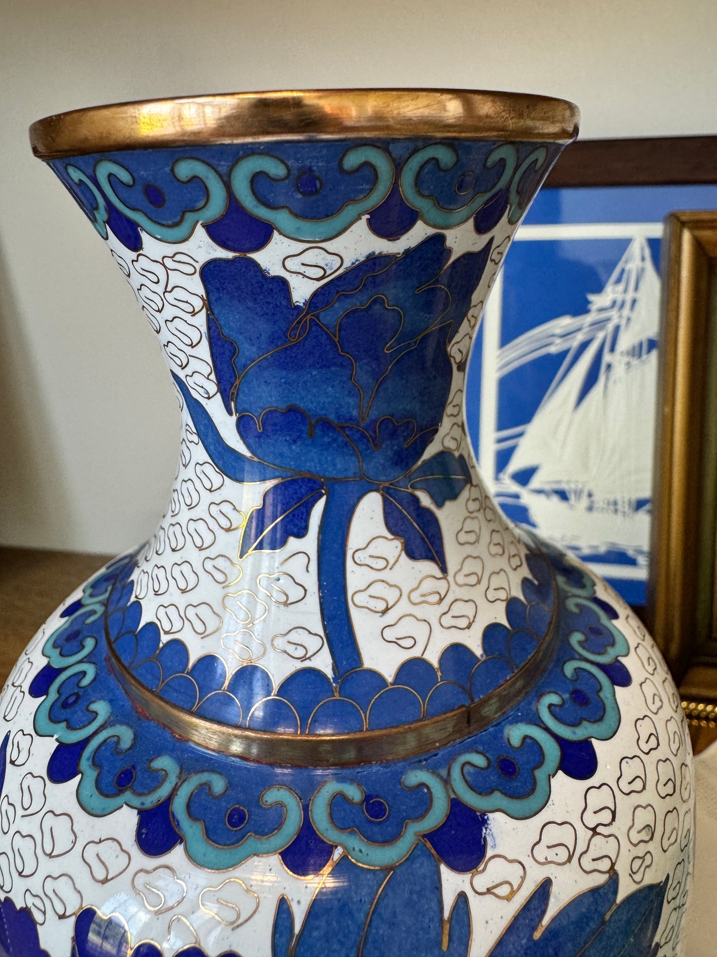 Vintage Blue & White Cloisonne Vase – 10.25” Floral Enamel with Brass Accents