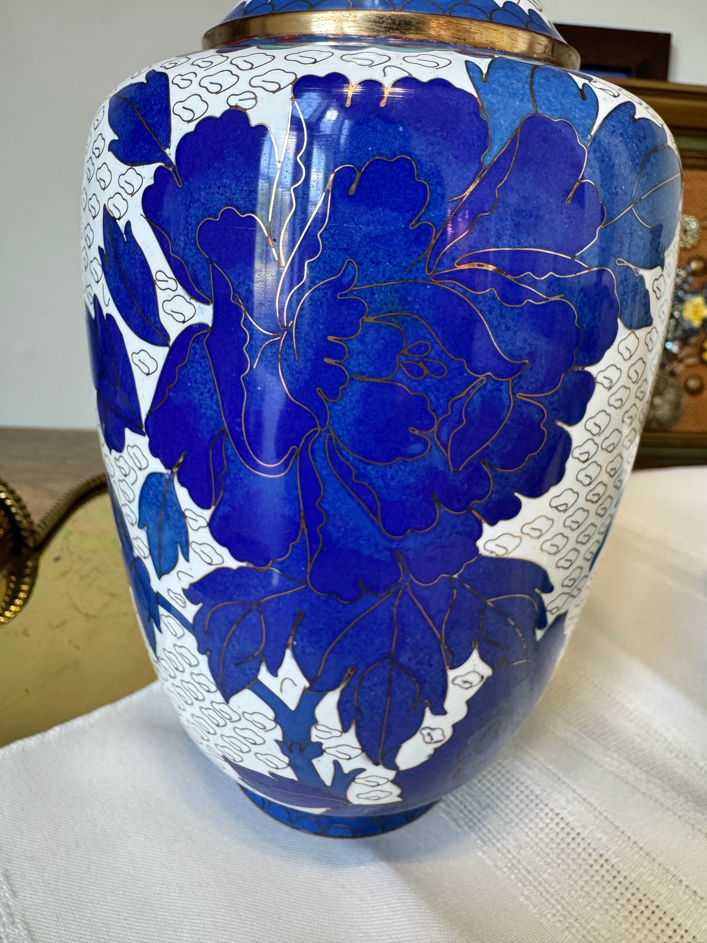 Vintage Blue & White Cloisonne Vase – 10.25” Floral Enamel with Brass Accents