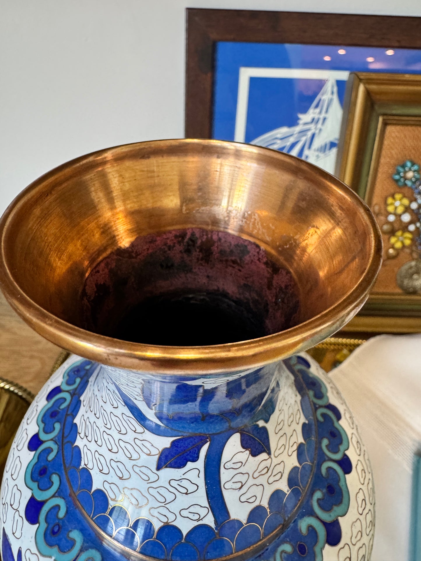 Vintage Blue & White Cloisonne Vase – 10.25” Floral Enamel with Brass Accents