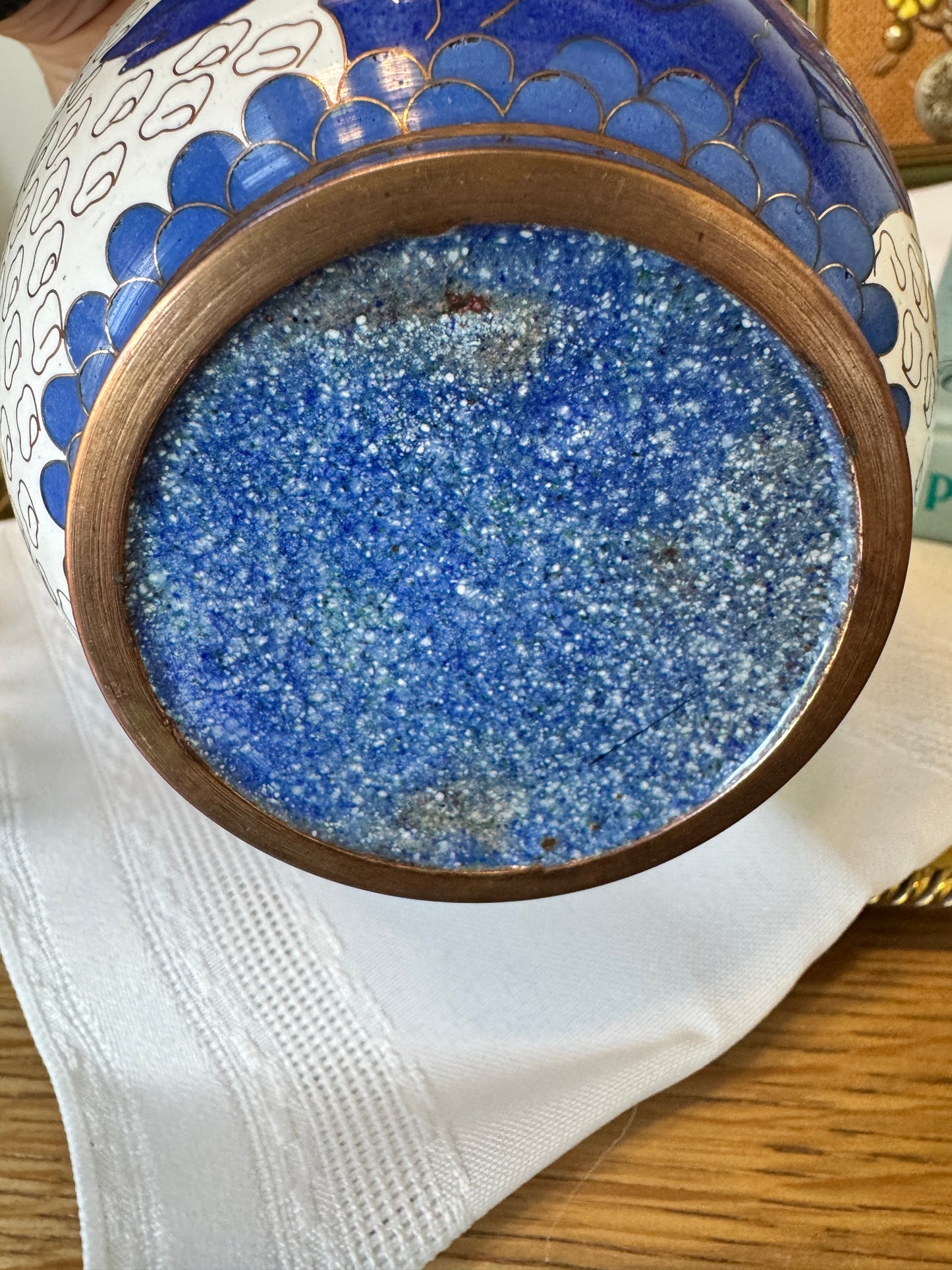 Vintage Blue & White Cloisonne Vase – 10.25” Floral Enamel with Brass Accents