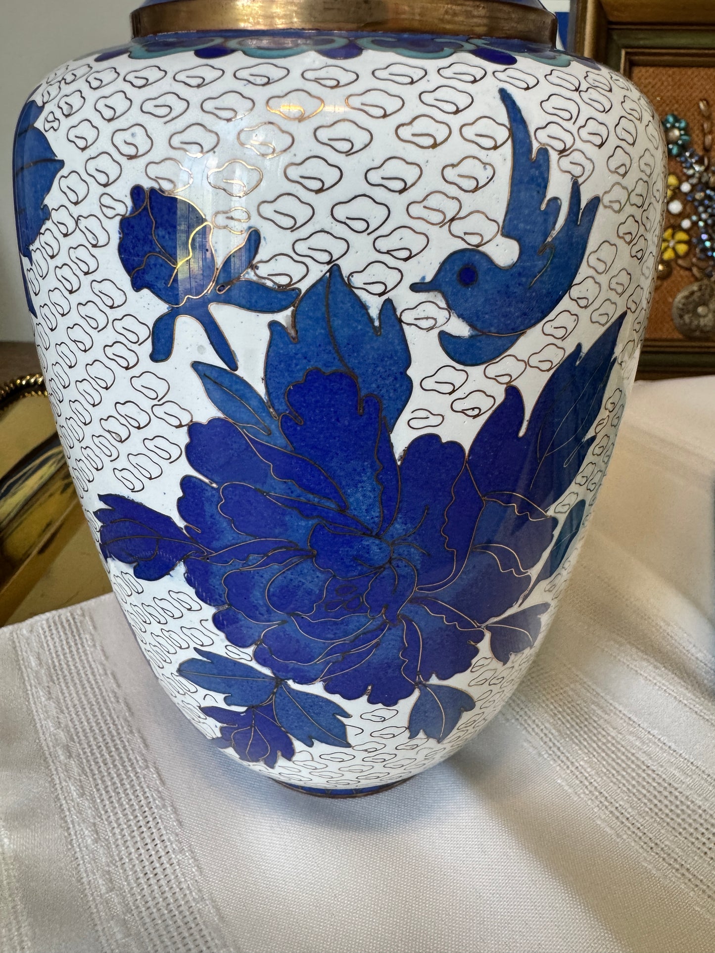 Vintage Blue & White Cloisonne Vase – 10.25” Floral Enamel with Brass Accents
