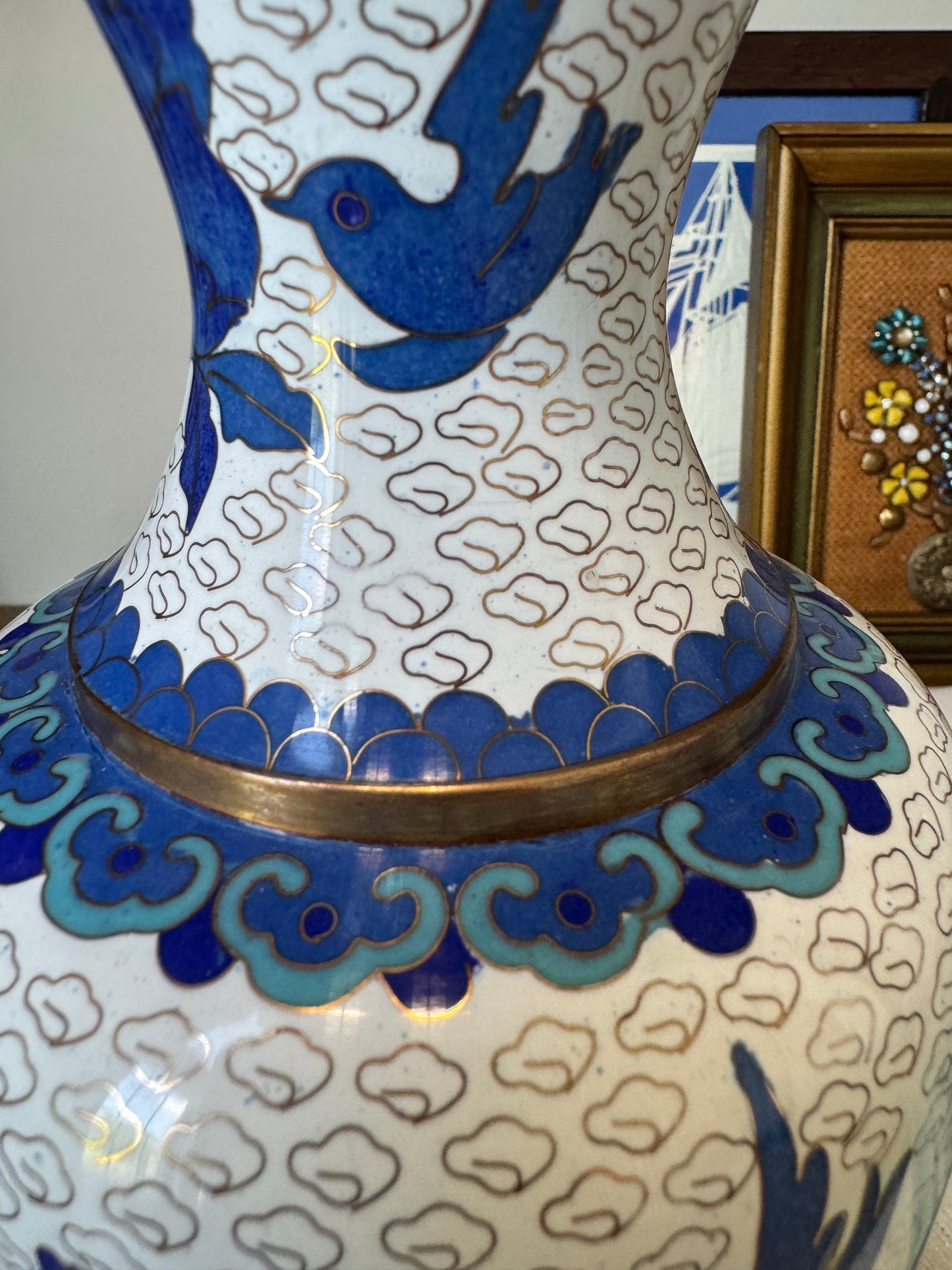 Vintage Blue & White Cloisonne Vase – 10.25” Floral Enamel with Brass Accents