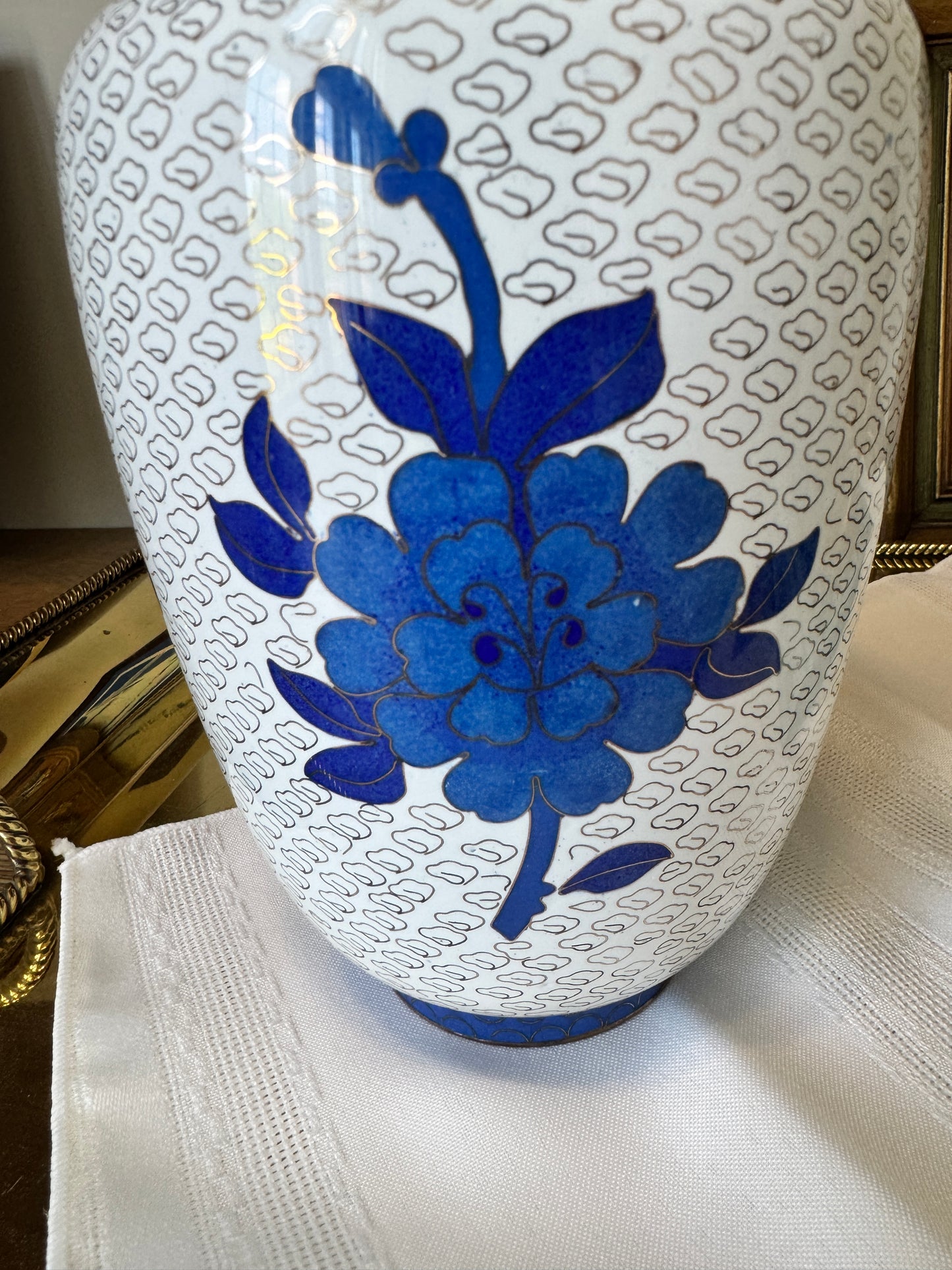 Vintage Blue & White Cloisonne Vase – 10.25” Floral Enamel with Brass Accents