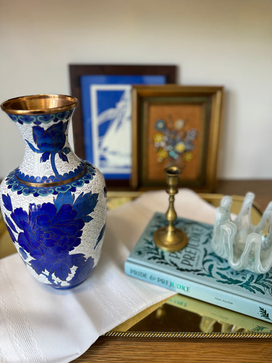 Vintage Blue & White Cloisonne Vase – 10.25” Floral Enamel with Brass Accents