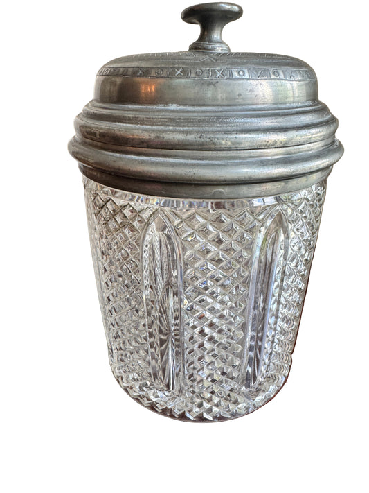 Antique 1871 Pressed Glass Jar with Pewter Lid - Victorian Era Kitchenware, 8"