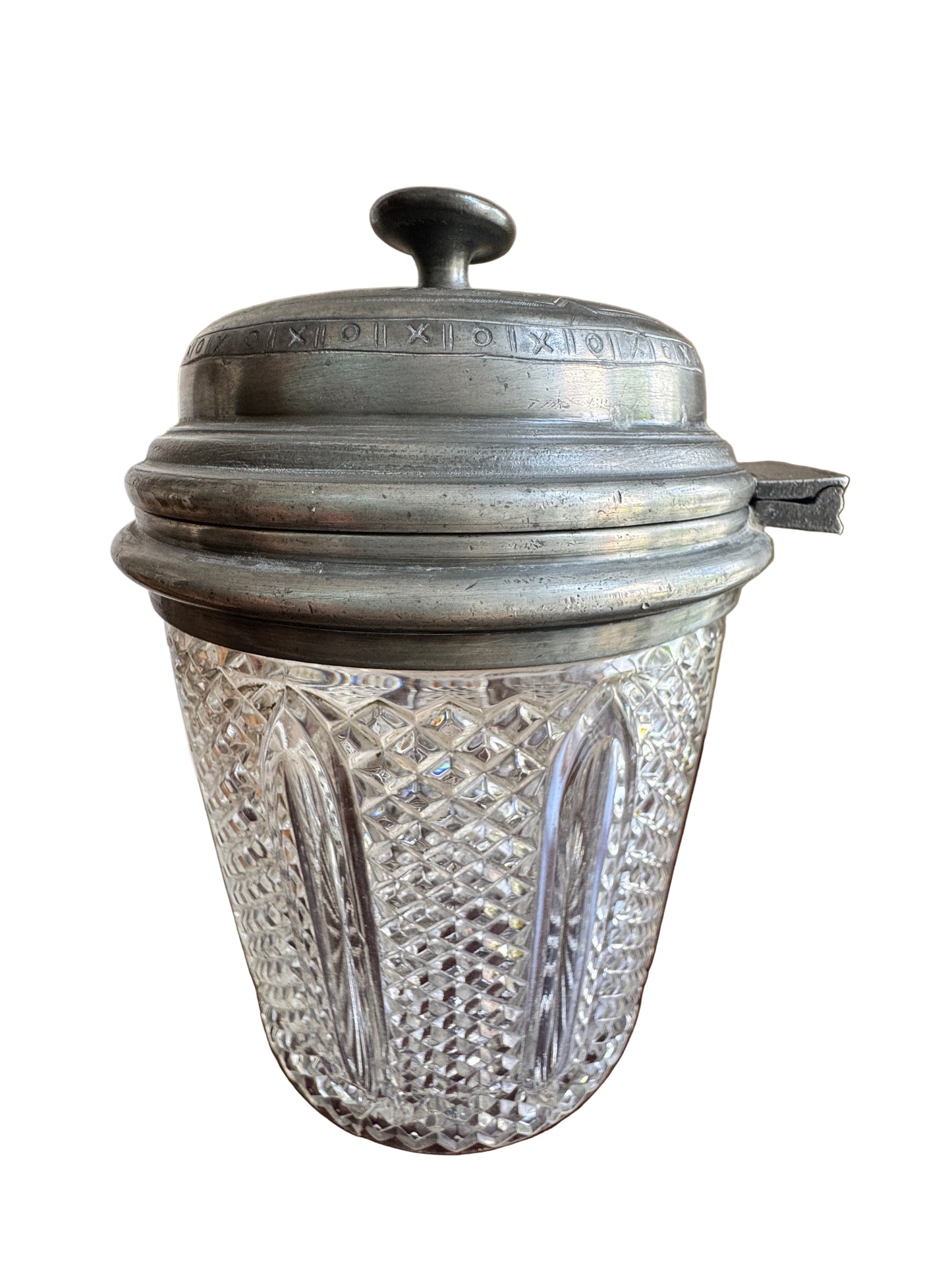 Antique 1871 Pressed Glass Jar with Pewter Lid - Victorian Era Kitchenware, 8"