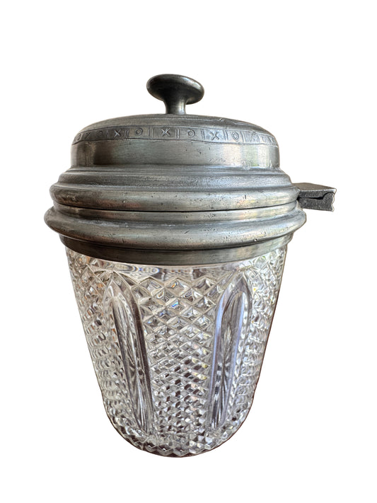 Antique 1871 Pressed Glass Jar with Pewter Lid - Victorian Era Kitchenware, 8"