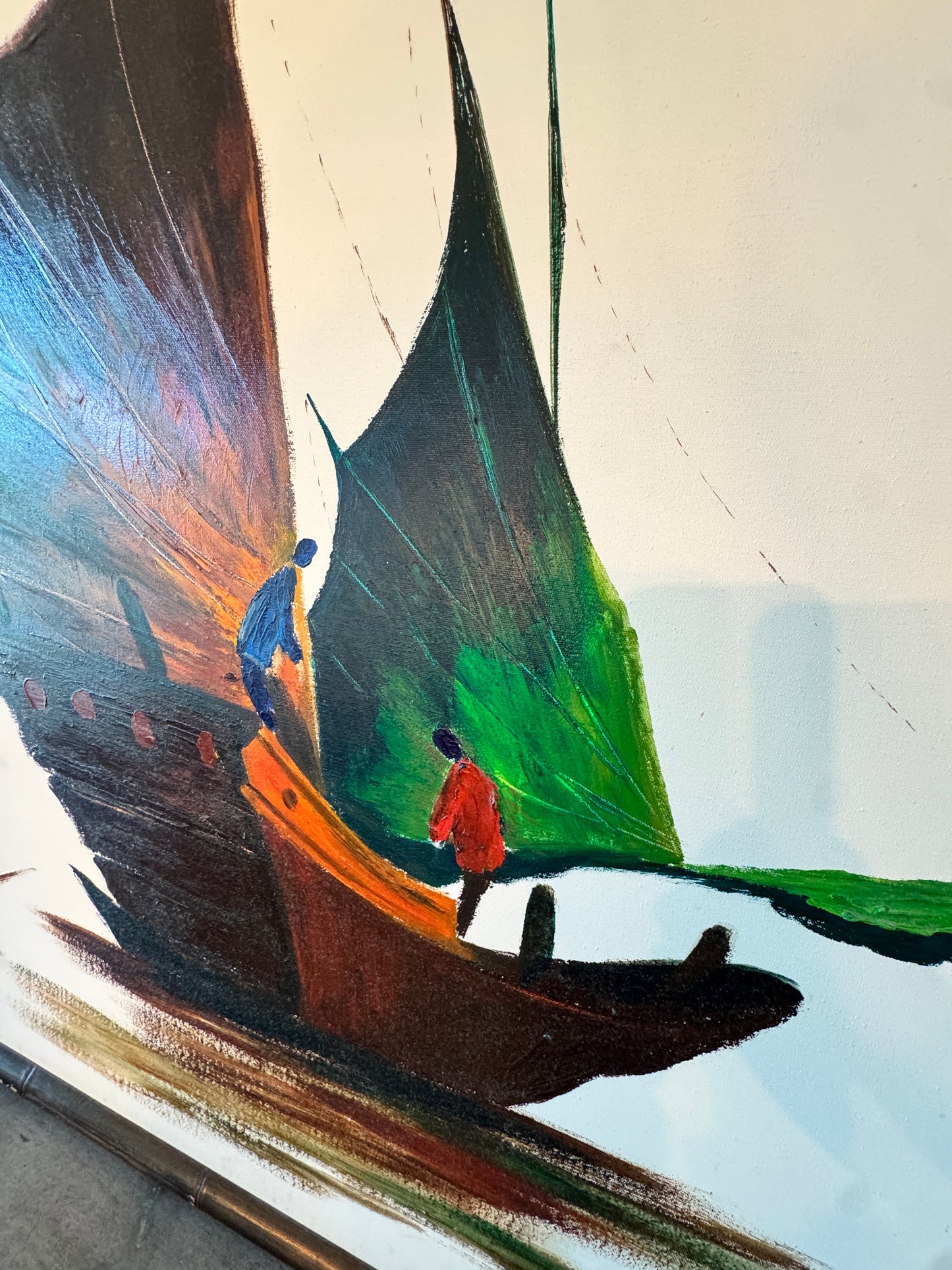 Vintage Signed Painting by Chiang – Sailboat Scene with Bamboo Frame