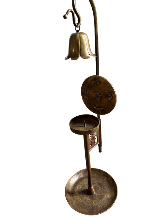 Korean Brass Candlestick with Longevity Symbol & Butterfly Motif – Antique Asian Décor