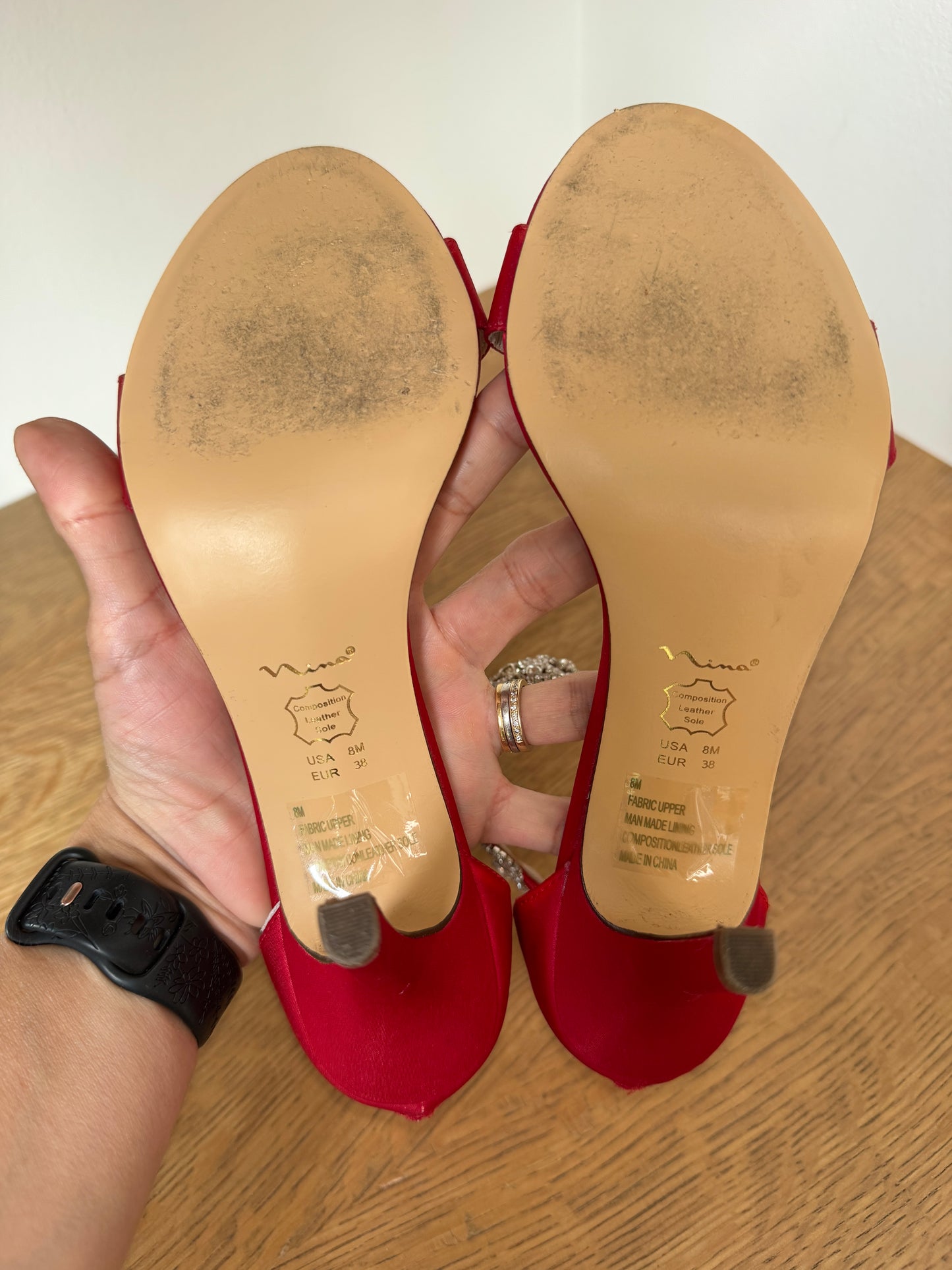 Nina Red Satin Heels with Rhinestone Ankle Strap – Size 8