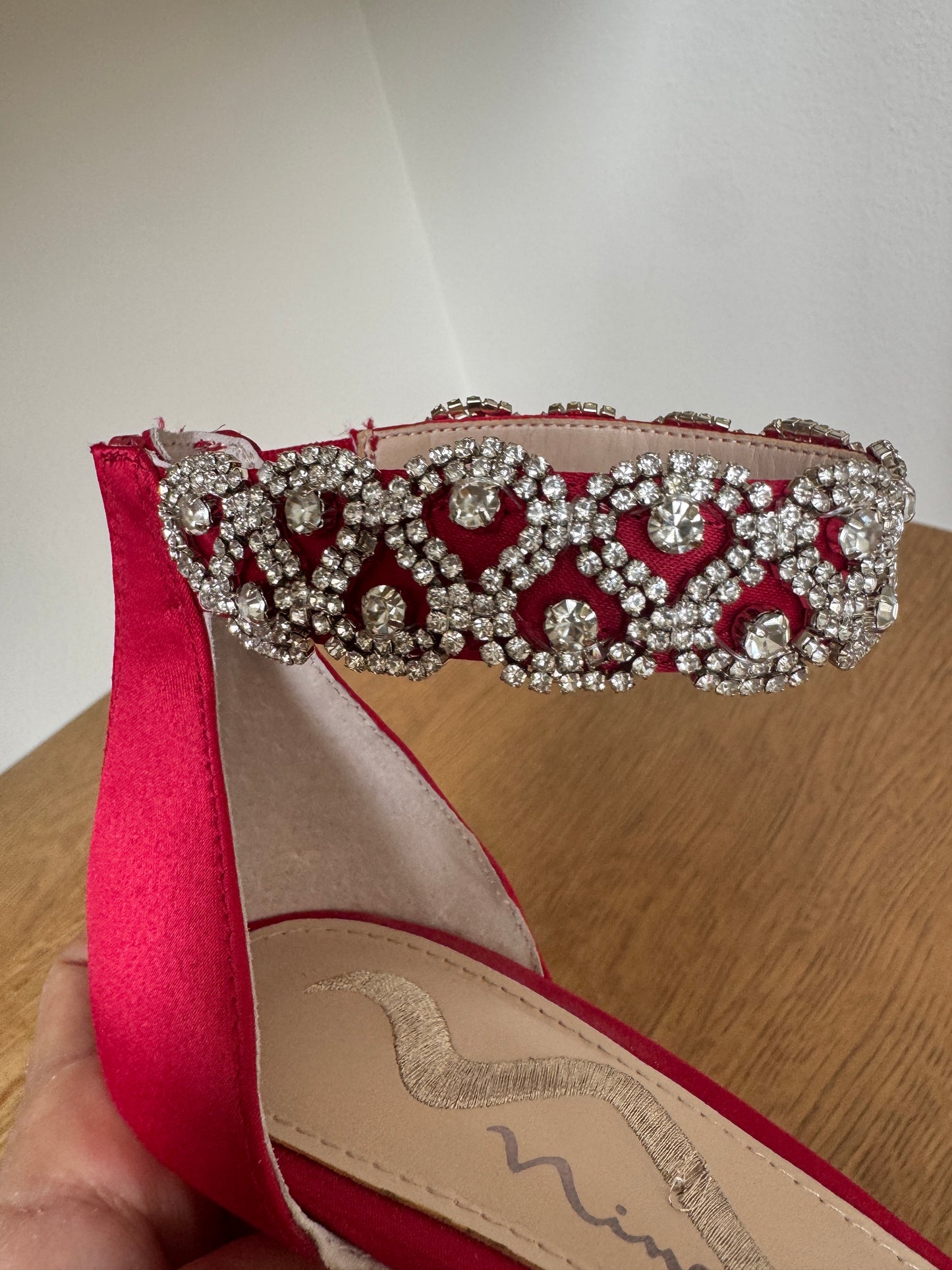 Nina Red Satin Heels with Rhinestone Ankle Strap – Size 8