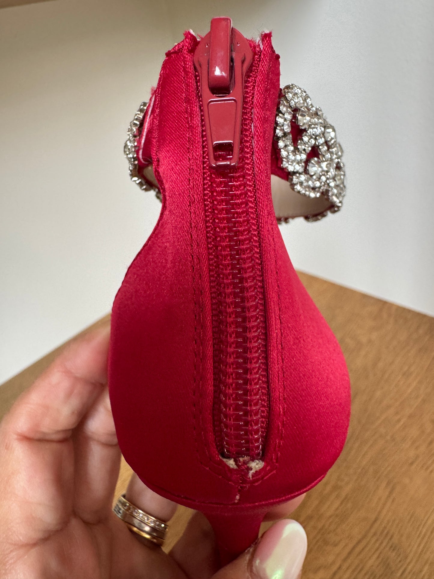 Nina Red Satin Heels with Rhinestone Ankle Strap – Size 8