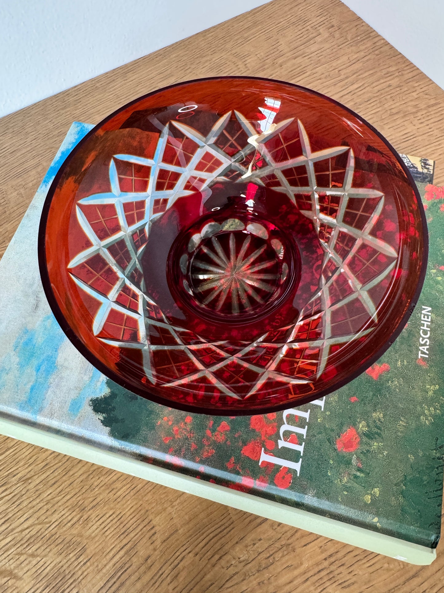 Badash Crystal Ruby Red Cut Glass Flared Pedestal Bowl