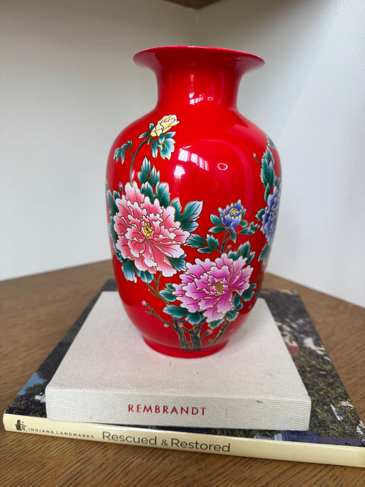 Bold Red Chinese Porcelain Vase with Peony & Calligraphy Motif