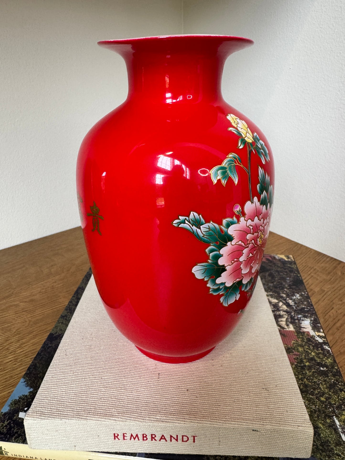 Bold Red Chinese Porcelain Vase with Peony & Calligraphy Motif
