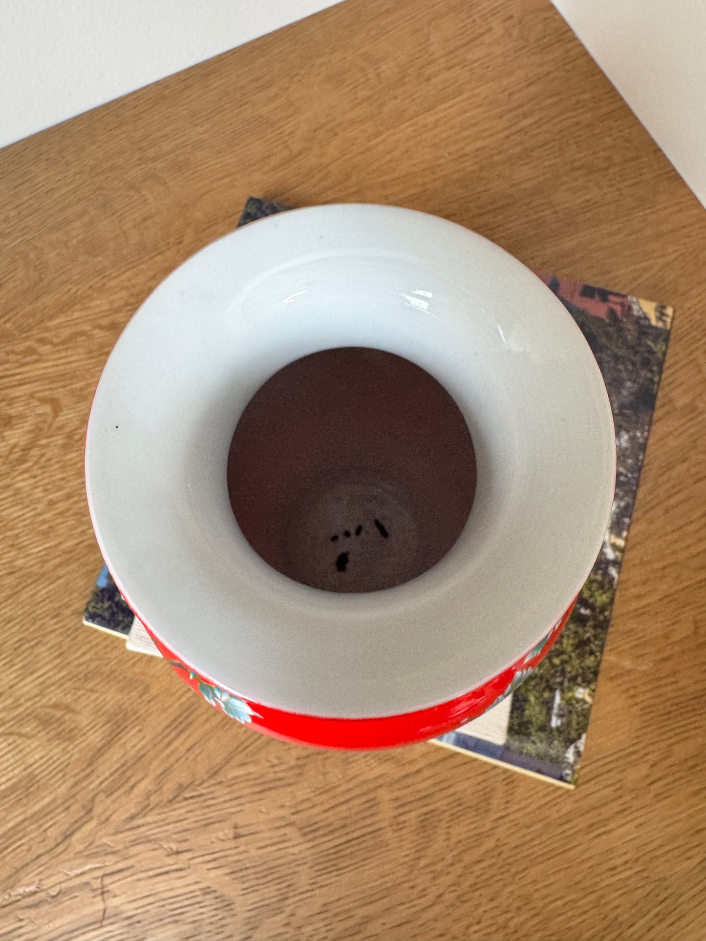 Bold Red Chinese Porcelain Vase with Peony & Calligraphy Motif