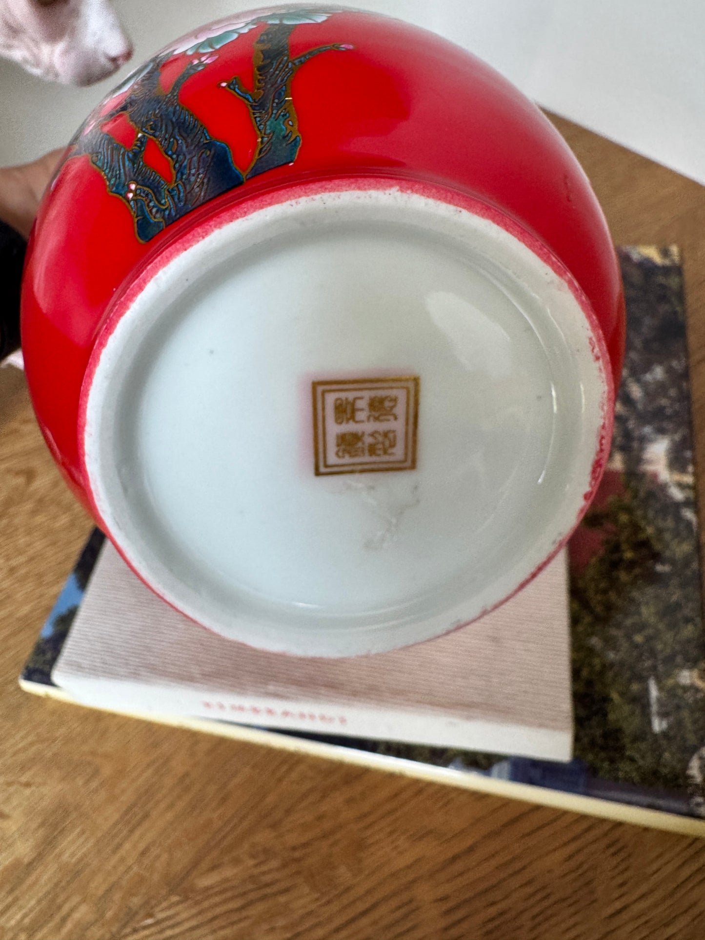 Bold Red Chinese Porcelain Vase with Peony & Calligraphy Motif